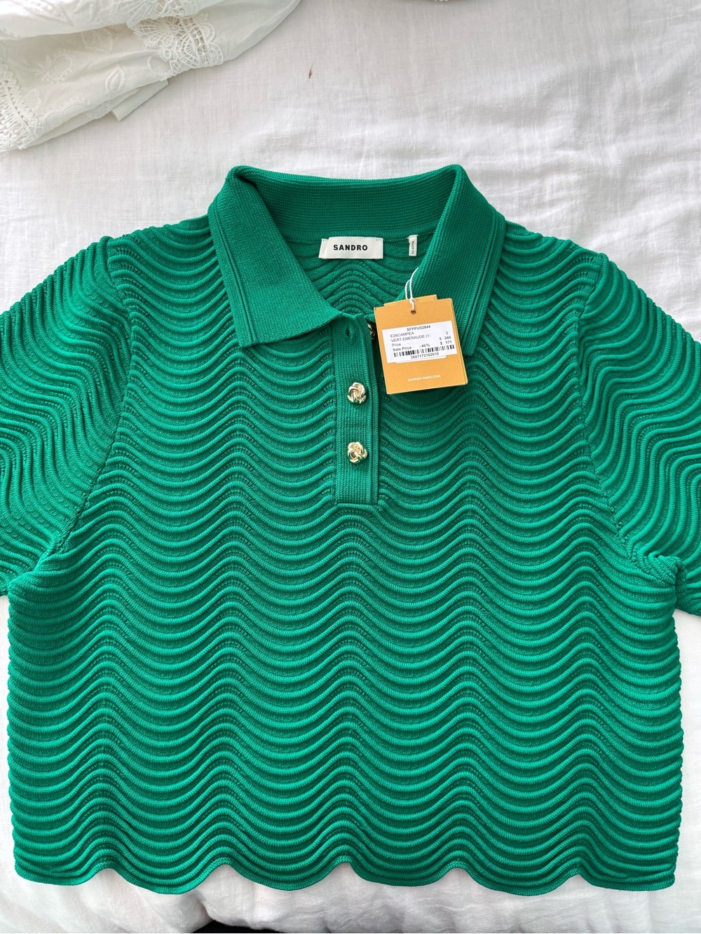 Sandro Emerald Green Wave-Textured Polo Top